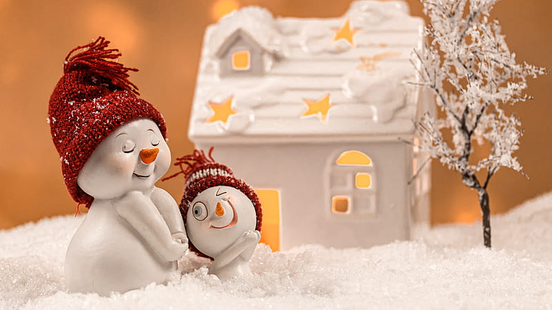 Christmas Ornaments House And Big Small Snowman Snowman, HD wallpaper