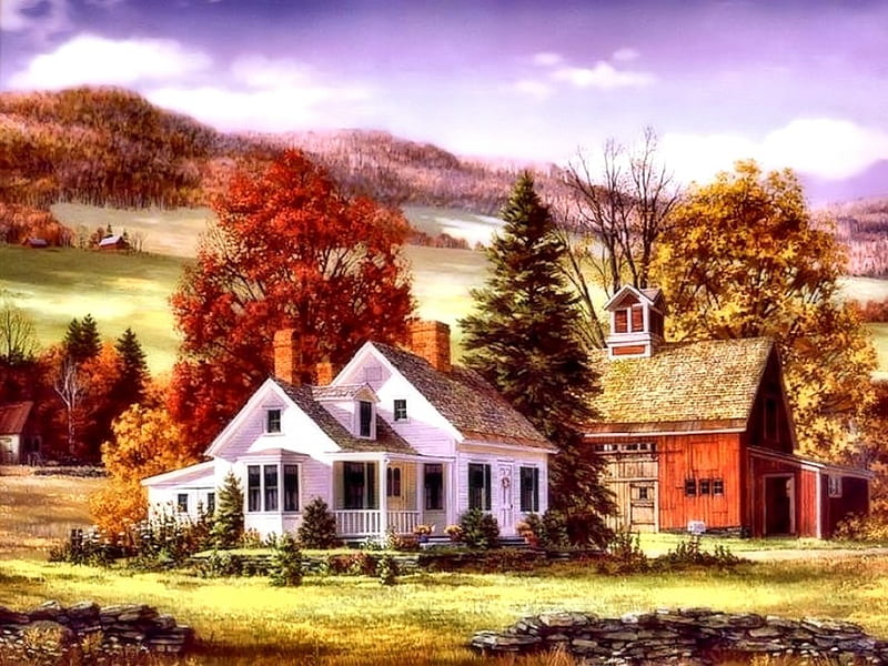 Farmhouse in Autumn, Farm, Art, House, Autumn, HD wallpaper