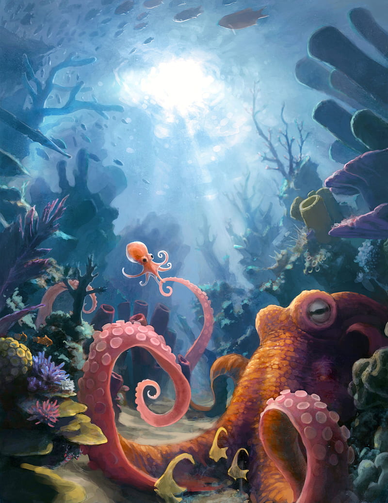 digital art, artwork, octopus, sea, fish, animals, sun rays, coral, vertical, HD phone wallpaper