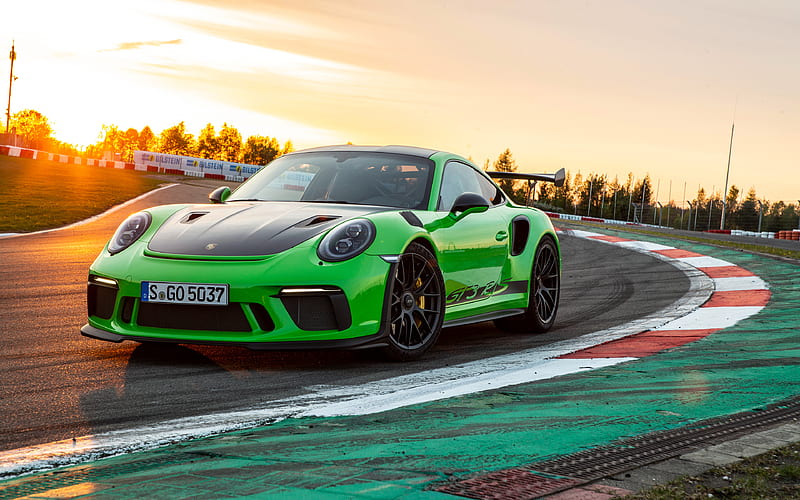 Porsche 911 GT3 RS racing cars, 2018 cars, raceway, Weissach package, supercars, green Porsche 911, german cars, Porsche, HD wallpaper