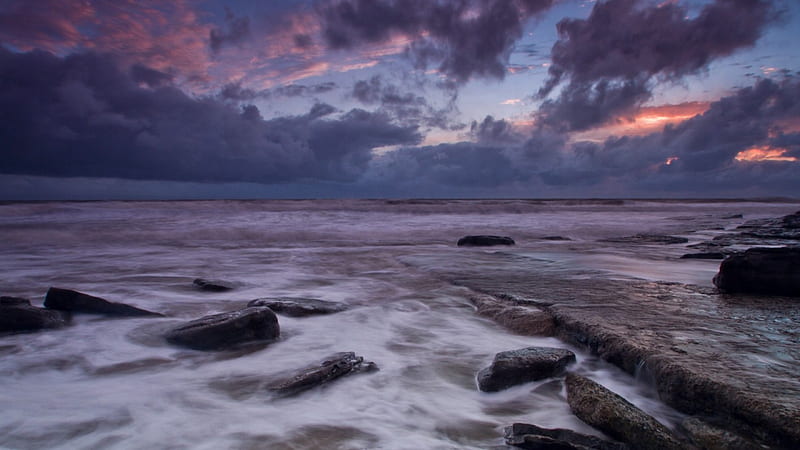 wonderful rocky seascape at sunset, rocks, shore, surf, sunset, lavender, clouds, sea, HD wallpaper