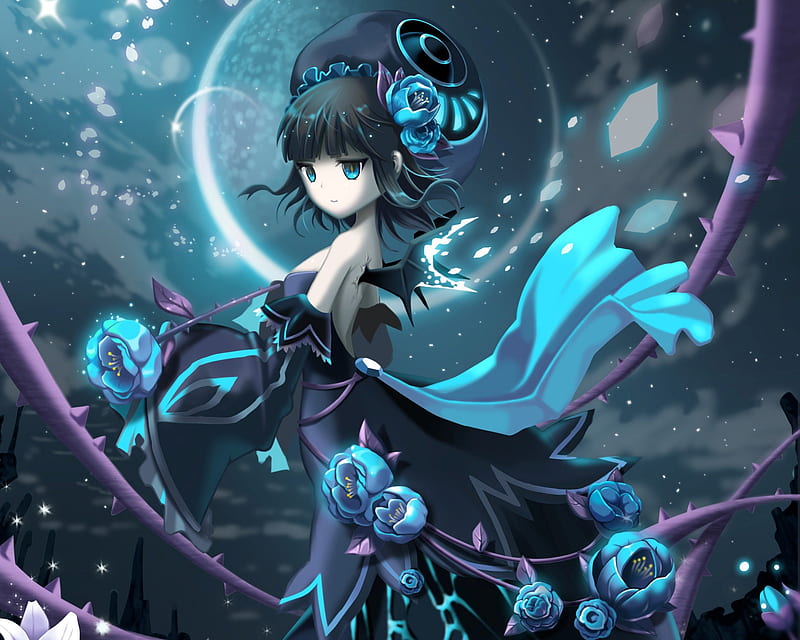 Enlightenment of the Night, dress, rose, blue rose, floral, moon, anime, hot, anime girl, night, female, gown, thorn, sexy, short hair, cute, vine, girl, dark, flower, petals, HD wallpaper