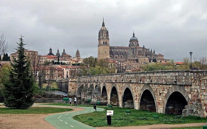 Salamanca, Spain, Roman bridge, River Tormes, Salamanca Cathedral, HD wallpaper