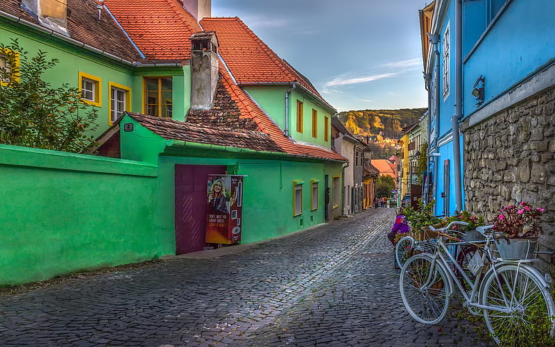 Sighisoara - Romania, home, bikes, city, street, HD wallpaper