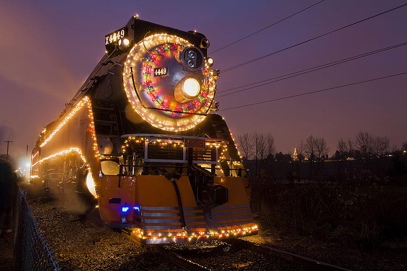 christmas train, vehicle, locomotive, graphy, train, holiday, lights, winter, HD wallpaper