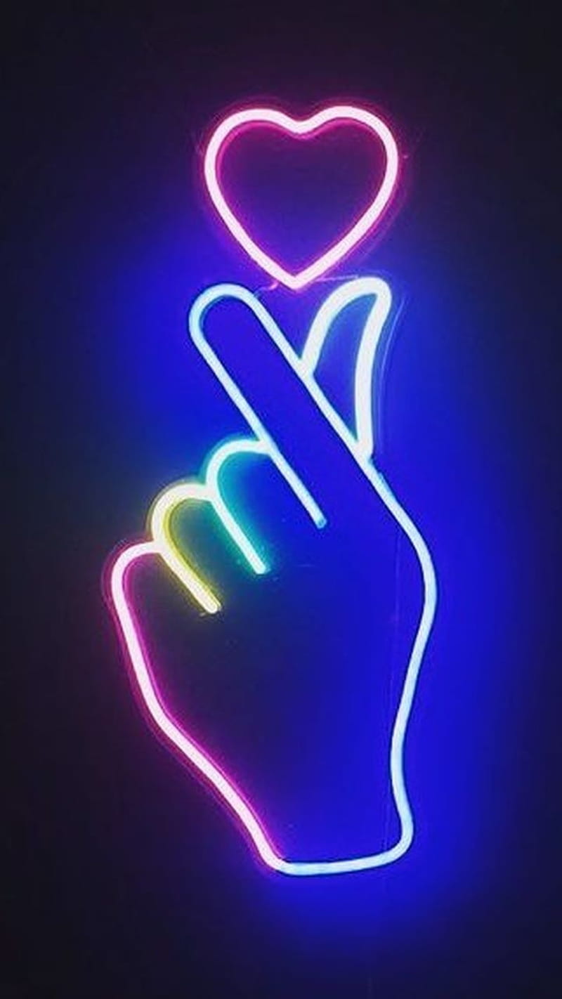 finger heart, corea, heart love, neon, HD phone wallpaper