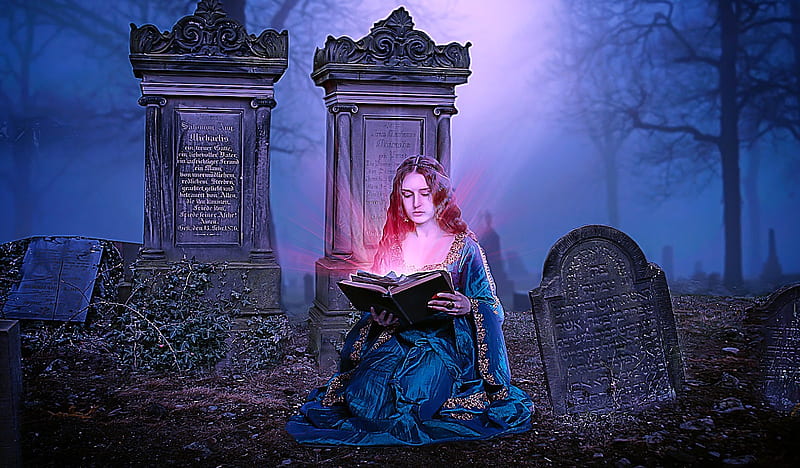 Book of Spells, night, pretty, art, witch, book, magic, woman, sorcery, fantasy, girl, spells, digital, blue, HD wallpaper