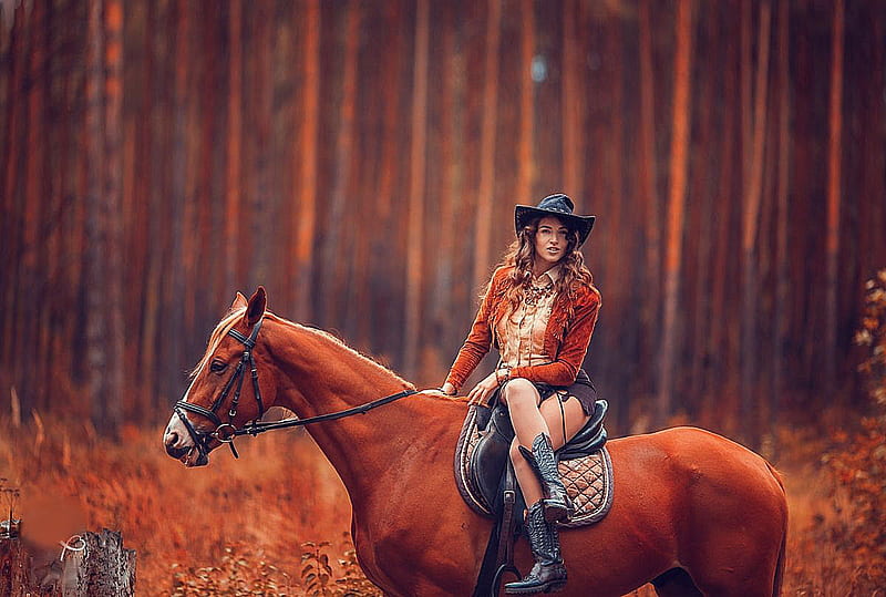 Side Saddle Deluxe, brunettes, boots, horses, cowgirls, hats, HD wallpaper