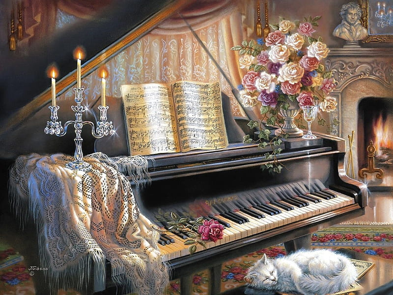 Piano Painting, painting, flowers, piano, music, HD wallpaper