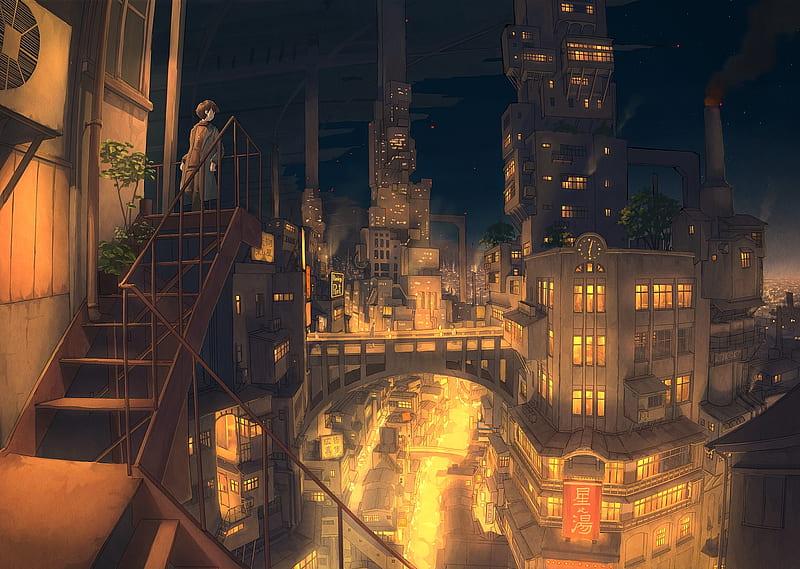 anime cityscape, night, male, lights, scenic, stairs, Anime, HD wallpaper