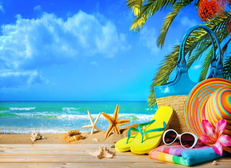 Hat and Sunglasses on beach, Relax, Hat, Summer, Starfish, Ocean, Bag, HD wallpaper