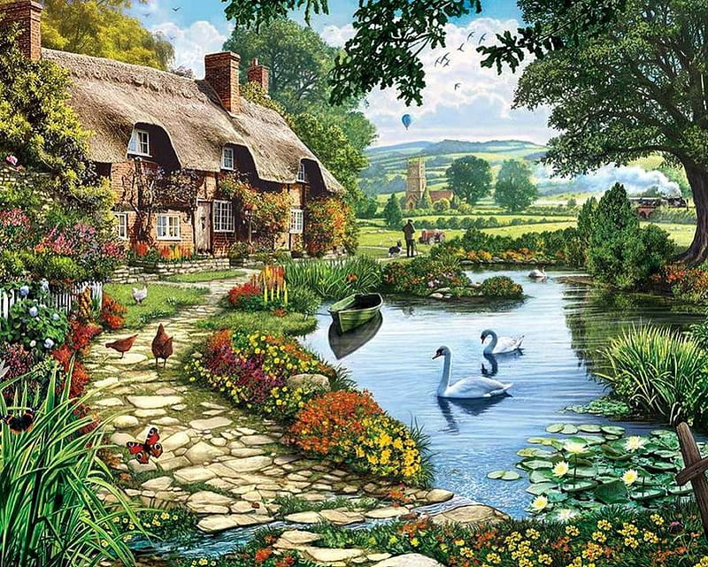 By Steve Crisp Lakeside Cottage, art, Steve, cottage, painting, Crisp, river, swan, HD wallpaper