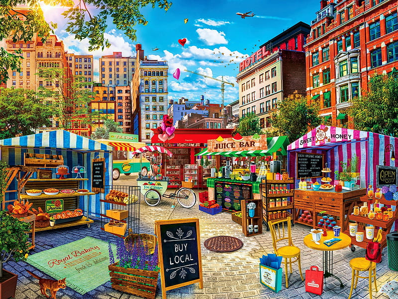 Farmer's Market, city, honey, juice, houses, stands, painting, bread, artwork, HD wallpaper