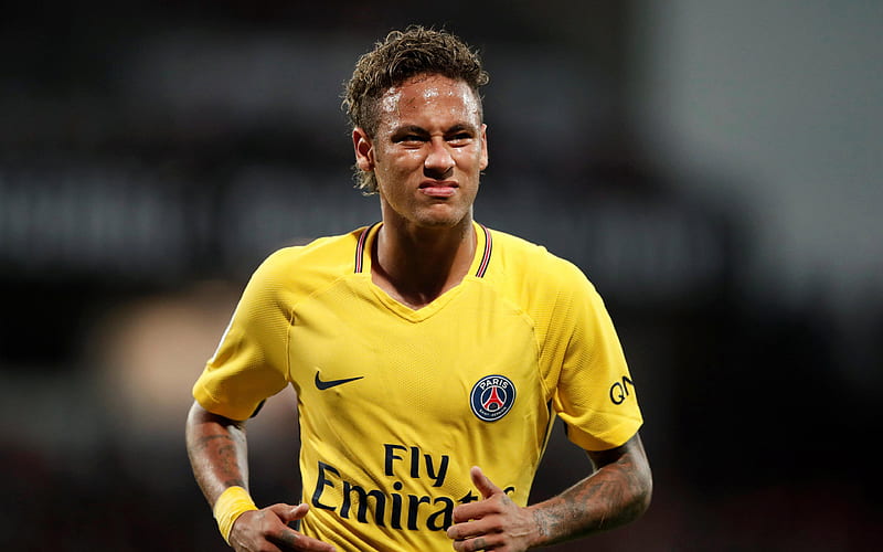 Neymar Jr, Brazilian footballer, PSG, dissatisfied, Paris Saint-Germain, portrait, yellow uniform of PSG, HD wallpaper