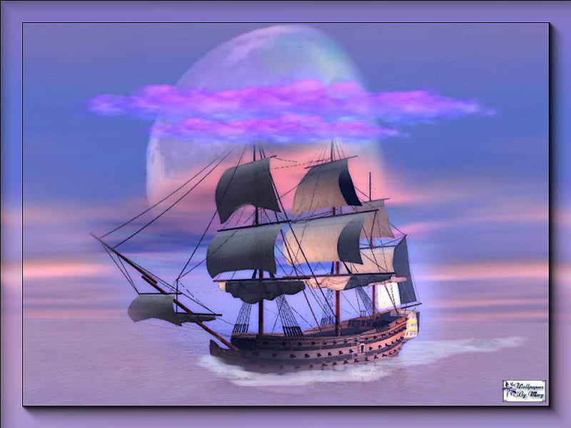 Pastel Sailing, ships, oceans, moon, tallships, sailing, HD wallpaper