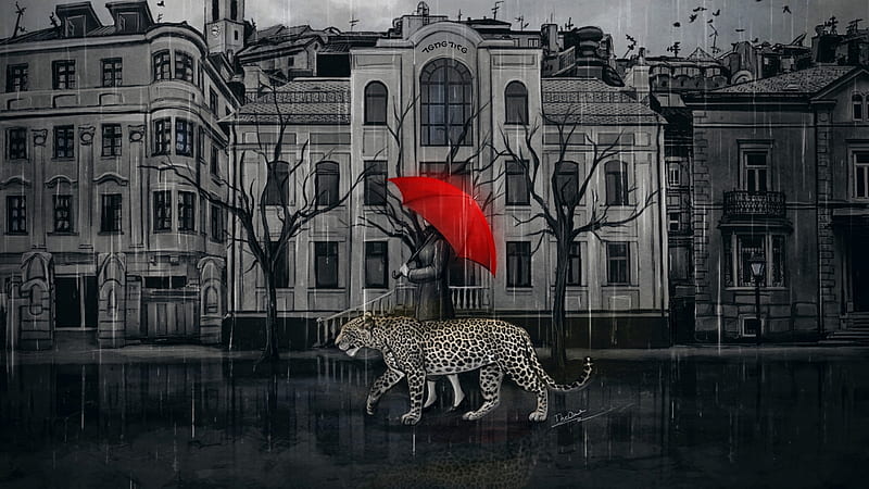 :), red, leopard, fantasy, girl, black, umbrella, viaestelar, rain, HD wallpaper