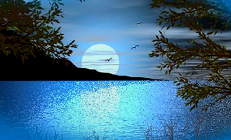 Paradise, bonito, romantic, lake, full moon, HD wallpaper