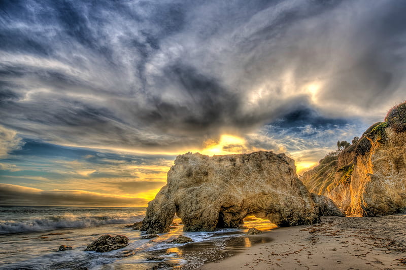 Sunset on El Matador Sea Caves, California, beach, sunset, nature, caves, usa, HD wallpaper