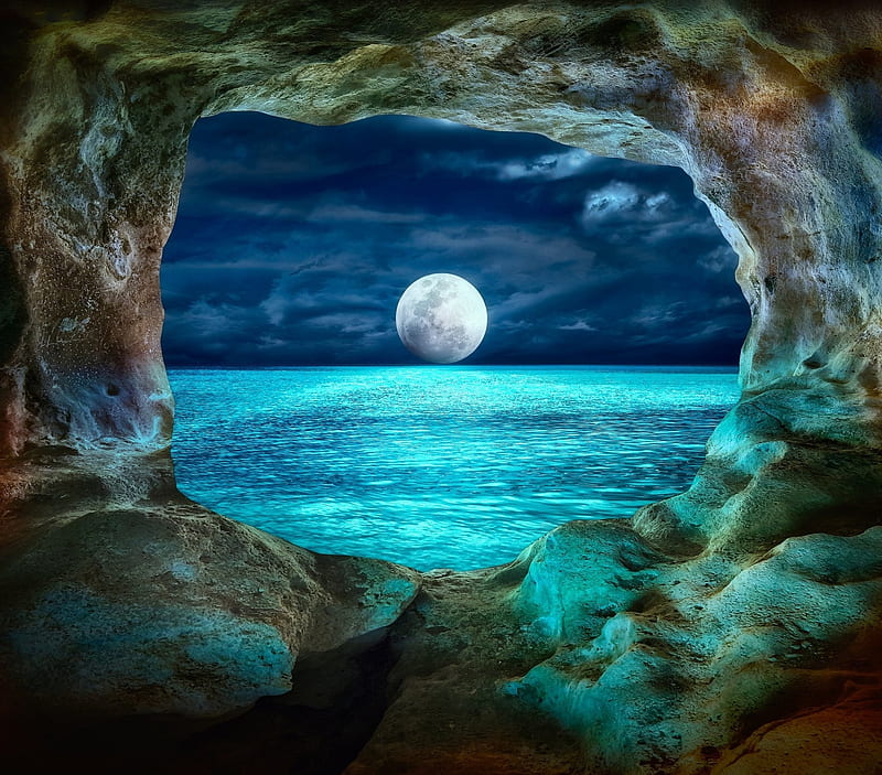 The moon, moon, luminos, cave, sea, fantasy, moon, water, summer, blue, HD wallpaper
