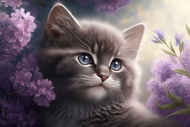 Cute kitten with blue eyes, Cat, Purple, Cute, Young, Fur, Flowers, HD wallpaper