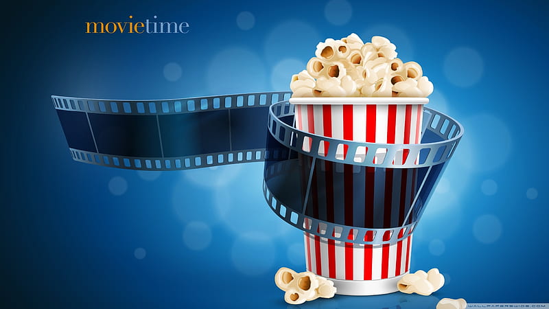 Movie time, popcorn, red, stripes, blue, card, HD wallpaper