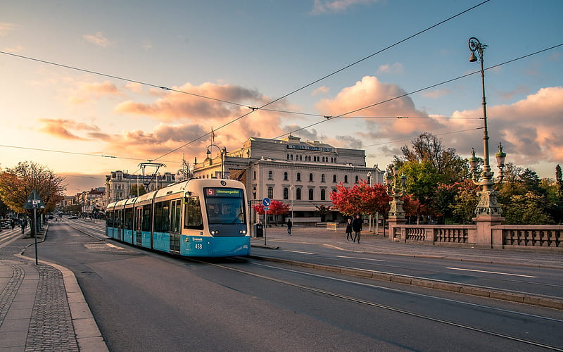 Gothenburg, evening, sunset, blue modern tram, Gothenburg cityscape, Sweden, HD wallpaper