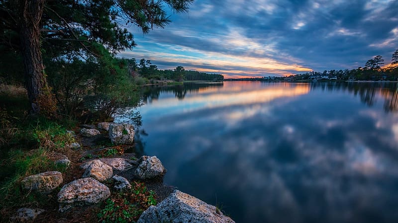 Evening at Lake Woodlands, Texas, trees, landscape, clouds, sky, water