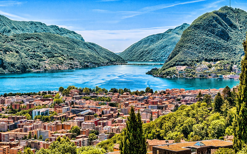 Lugano skyline, cityscapes, summer, swiss cities, Ticino, Switzerland, Europe, beautiful nature, HD wallpaper