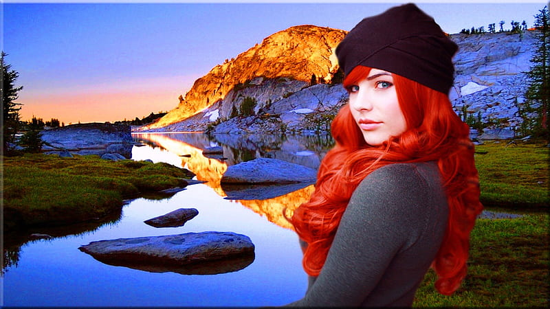 Redhead At The Mountains, pretty, female, lovely, redhead, ginger, red head, bonito, red hair, woman, sexy, women, mountain, girl, beauty, lady, gorgeous, HD wallpaper