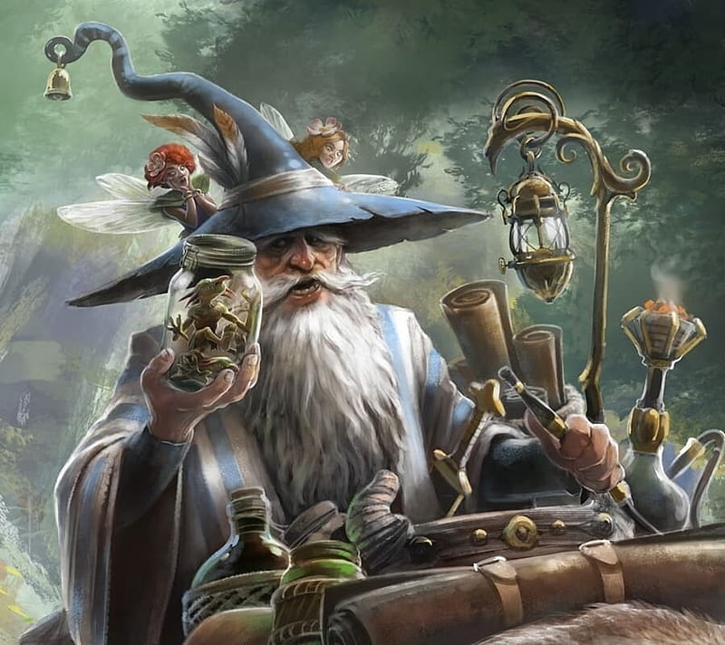 Wizard, fantasy, luminos, navid pourkhak, man, magician, fairy, hat, HD wallpaper