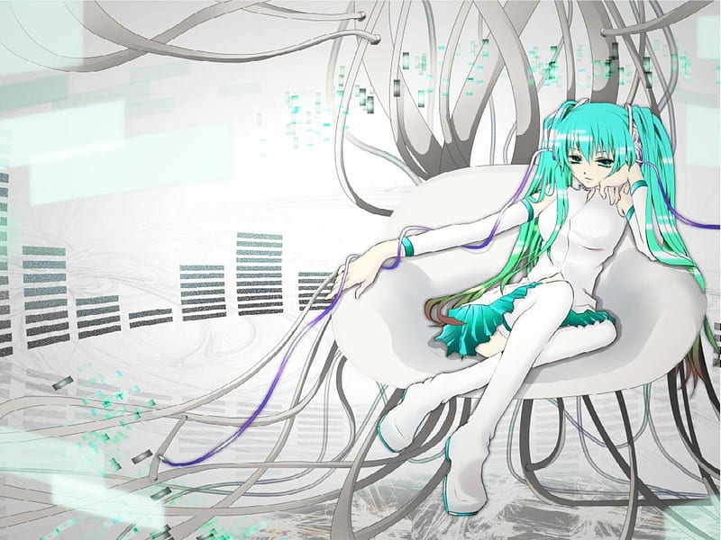 Hatsune Miku, pretty, bonito, thighhighs, music bars, nice, anime, hot, flowers, beauty, chair, vocaloids, blue eyes, vocaloid, bars, twintail, skirt, miku, sexy, wires, cute, hatsune, cool, blue hair, awesome, white, HD wallpaper