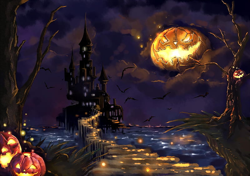 Scary Night, artwork, lights, pumpkins, halloween, HD wallpaper | Peakpx