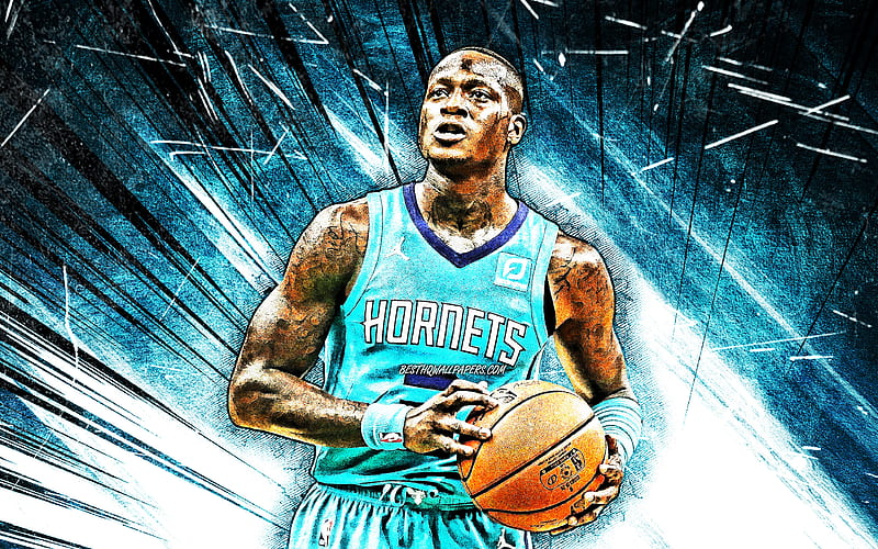 Terry Rozier, grunge art, Charlotte Hornets, NBA, basketball, blue abstract rays, Terry William Rozier III, USA, Terry Rozier Charlotte Hornets, creative, Terry Rozier, HD wallpaper
