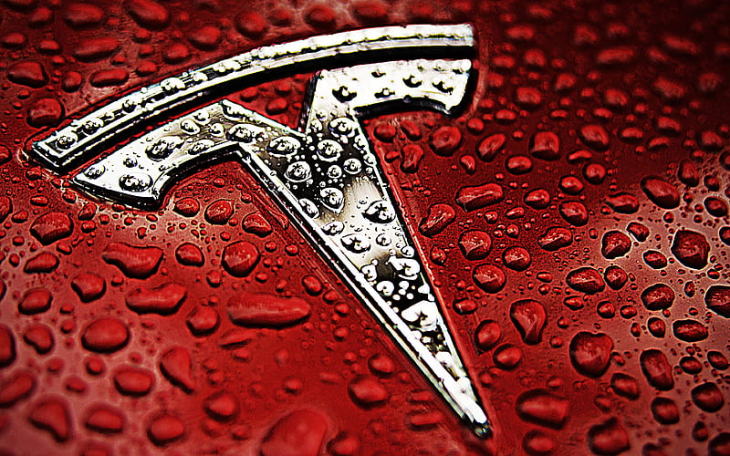 Tesla metal logo red metal background, Tesla logo, cars brands, Tesla, HD wallpaper