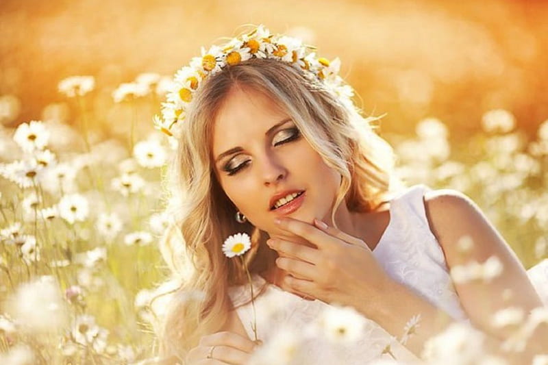 Dreamer, blond, bonito, woman, softness, daisies, girl, flowers, beauty ...