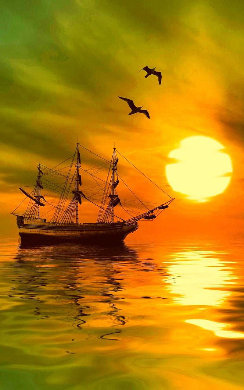 Sunset Ship, pirates, sailing, ship, ships, HD phone wallpaper