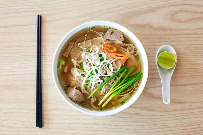 asian cuisine, soup, onions, chopsticks, bowl, Food, HD wallpaper