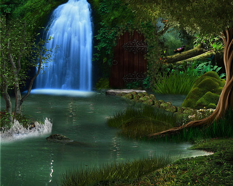 ...Waterfall Abound..., premade BG, colors, love four seasons, birds, bonito, creative pre-made, trees, waterfalls, door, water, green, grasses, nature, streams, blue, HD wallpaper