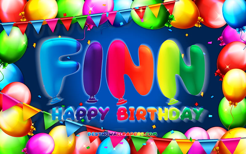 Happy Birtay Finn colorful balloon frame, Finn name, blue background, Finn Happy Birtay, Finn Birtay, popular german male names, Birtay concept, Finn, HD wallpaper