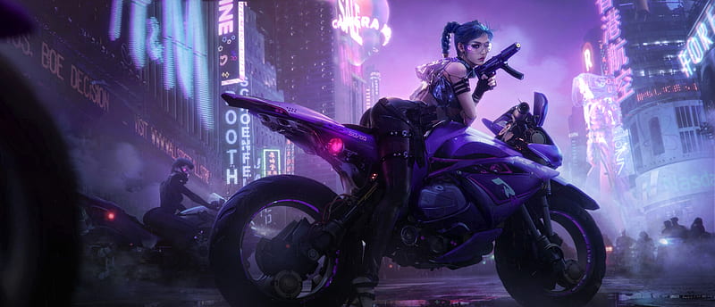 Fantasy girl, luminos, purple, girl, tian zi, bike, cyber, motorcycle, ppink, fantasy, pink, HD wallpaper