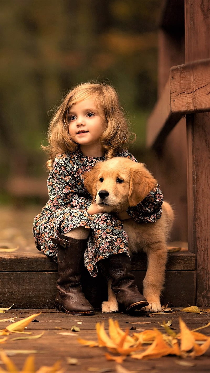 Little Girl with Dog , children, cute, labrador, animals, abrador retriever, little girl, golden retriever, puppy, HD phone wallpaper