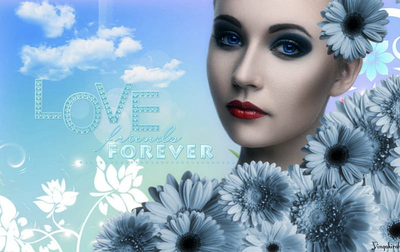 Love Forever, words, flowers, face, woman, HD wallpaper