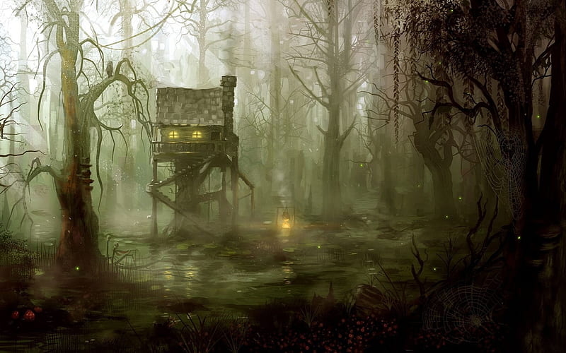 House in the swamp, forest, art, house, luminos, halloween, woods, swamp, tree, fantasy, tale, water, dark, light, HD wallpaper
