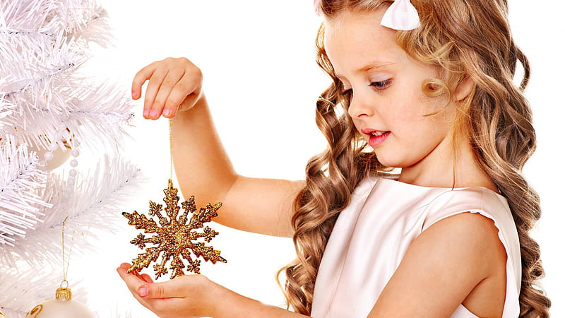 Curly Hair Cute Little Girl Is Holding Snowflake Ornaments In Hand Wearing Satin Dress In White Background Cute, HD wallpaper