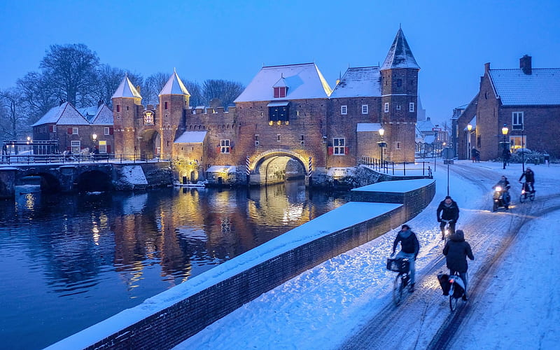 Amersfoort, Utrecht, Netherlands, gate, bicycles, Netherlands, winter, snow, HD wallpaper