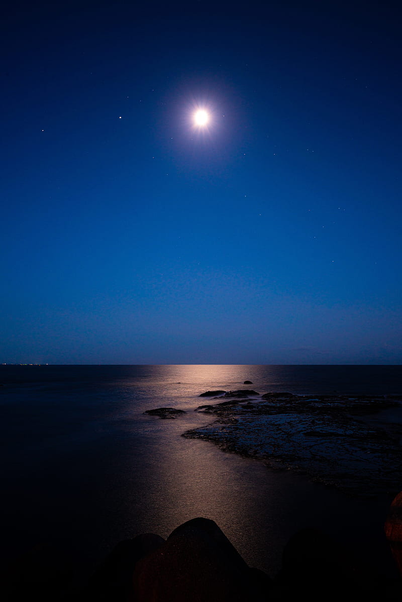 night, moon, stars, starry sky, horizon, sea, HD phone wallpaper