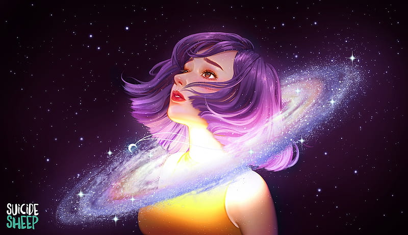 Cosmos, art, nebula, planet, purple, girl, karmen loh, yellow, cosmis, fantasy, HD wallpaper