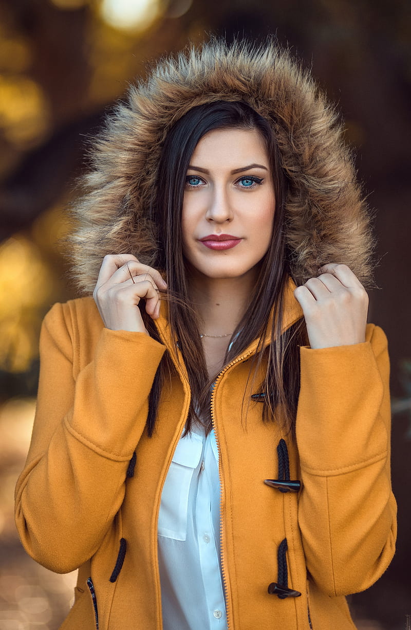 Stephanos G, graphy, model, women, , yellow jacket, jacket, hoods, fur, HD phone wallpaper