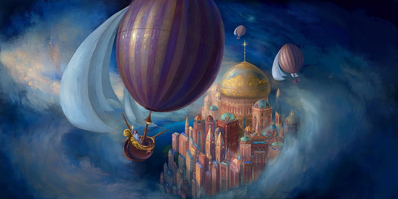 Fantasia, art, luminos, fantays, air balloon, purple, painting, pictura ...