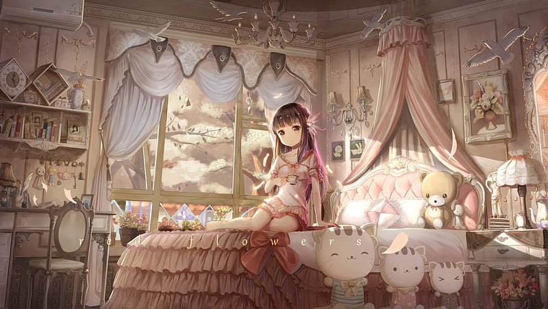 Bedroom, toy, manga, bed, cute, girl, anime, red flowers, pink, HD  wallpaper | Peakpx